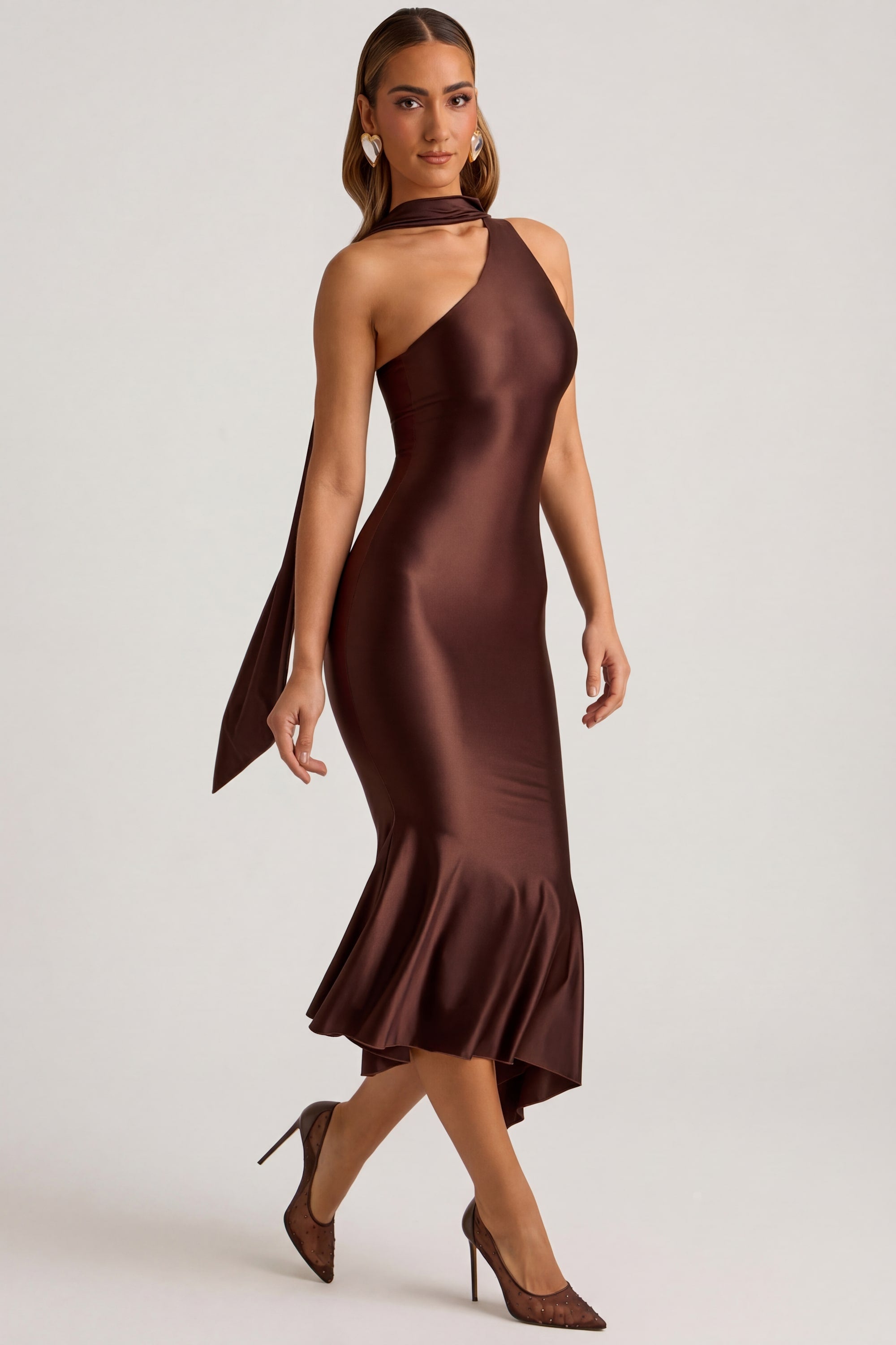 chocolate brown cocktail dress Salome | Twisted Asymmetric Midi front gathered detail Asymmetric Scarf-Detail Midaxi Dress in