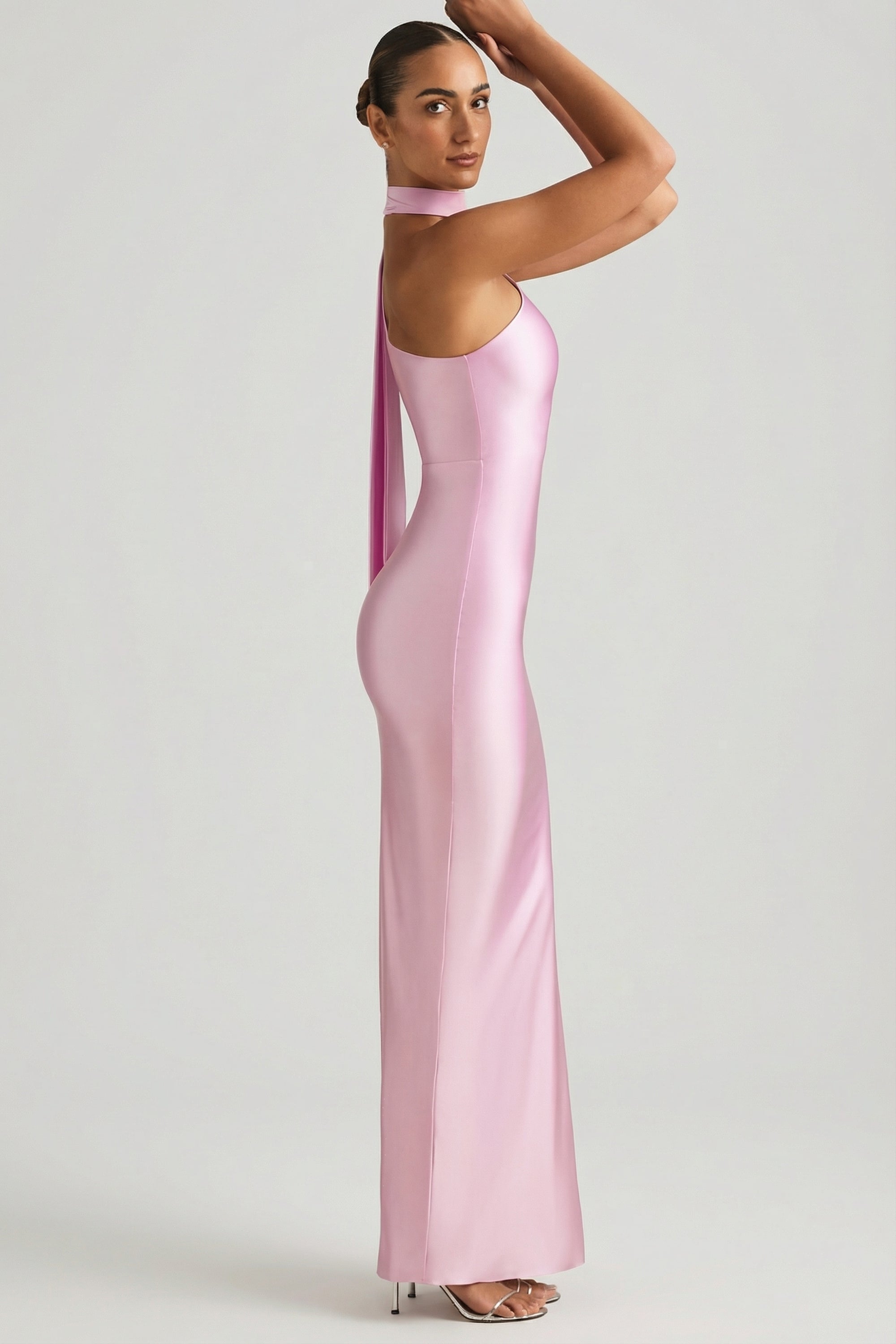 Asymmetric Scarf-Detail Maxi Dress in Soft Pink - 8