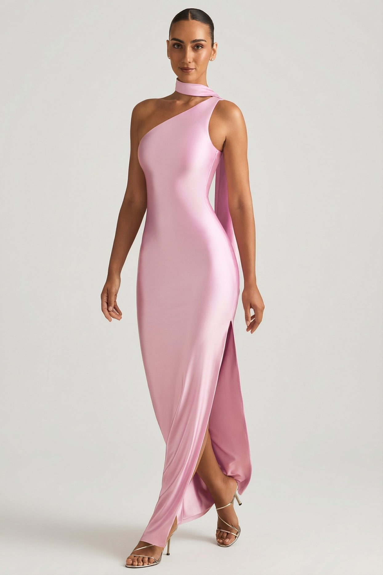 Asymmetric Scarf-Detail Maxi Dress in Soft Pink - 8