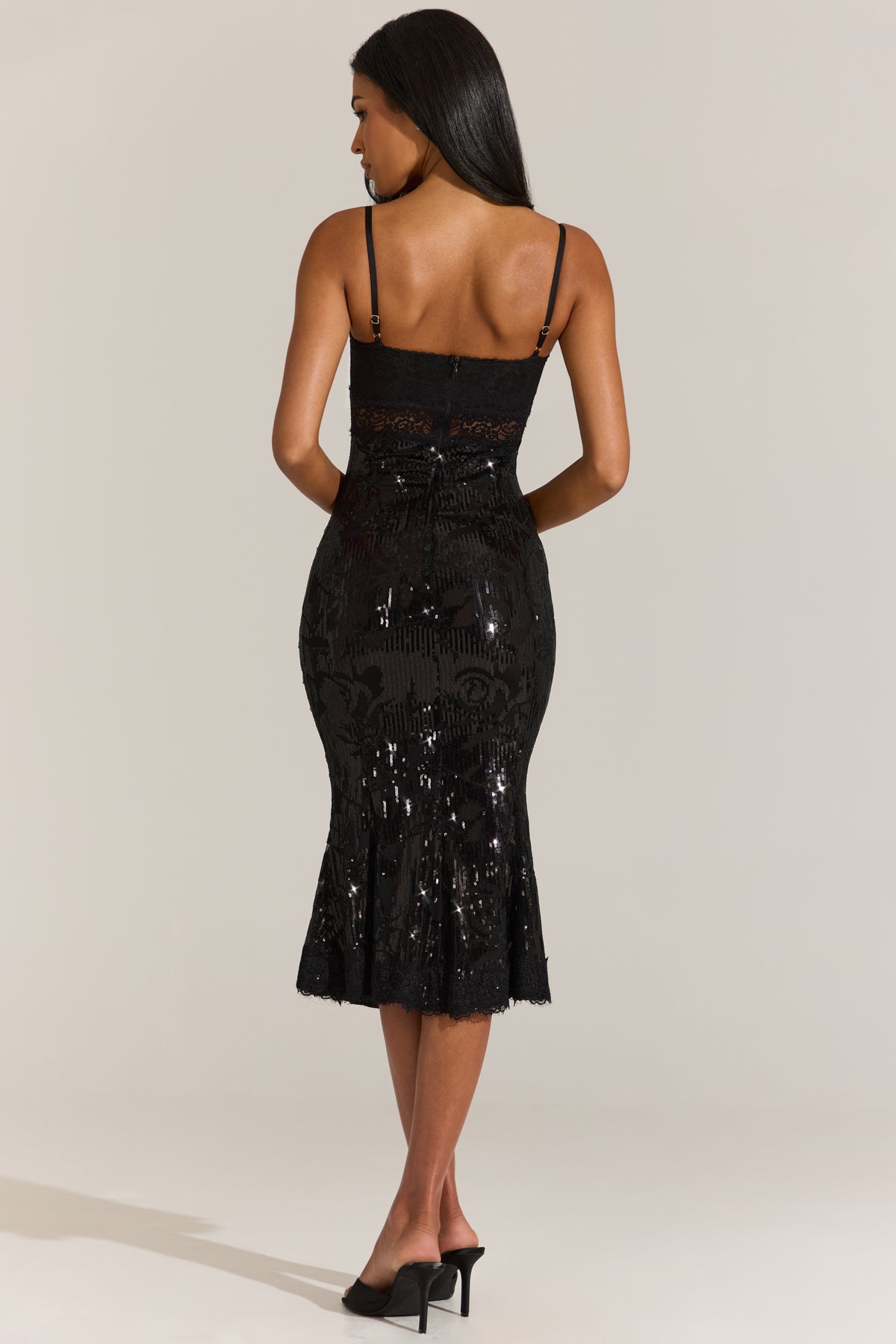Embellished Lace-Trim Midi Dress in Black