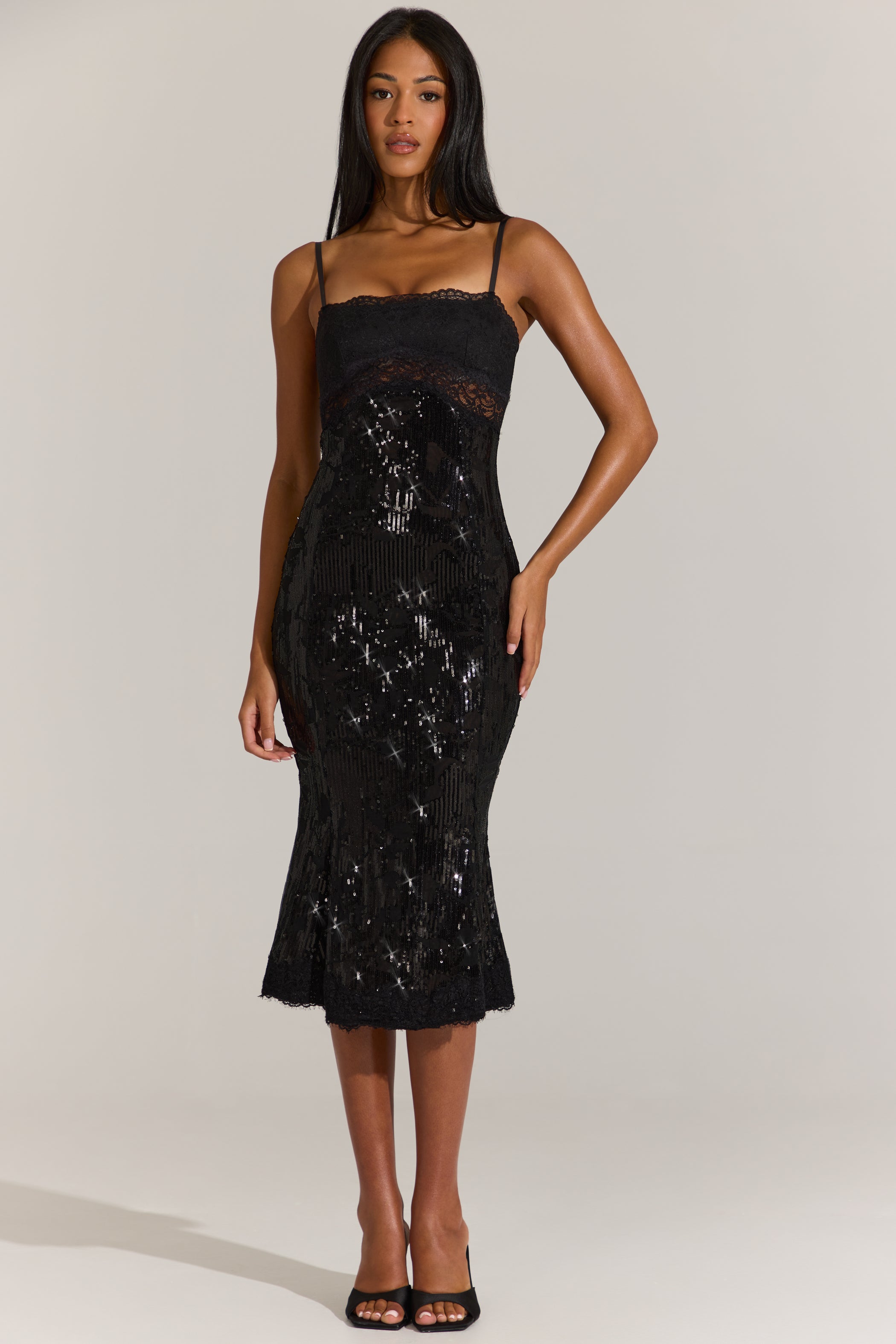 Embellished Lace-Trim Midi Dress in Black
