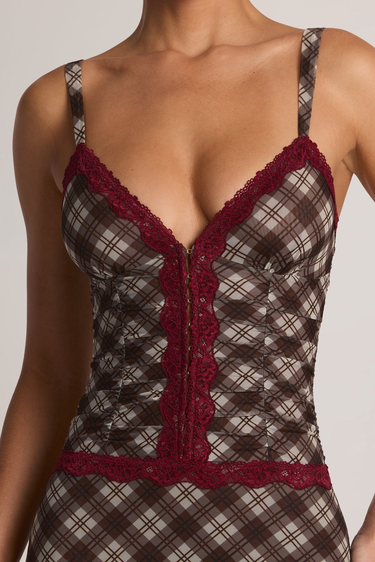 Lace-Trim Mini Dress in Diagonal Check Print