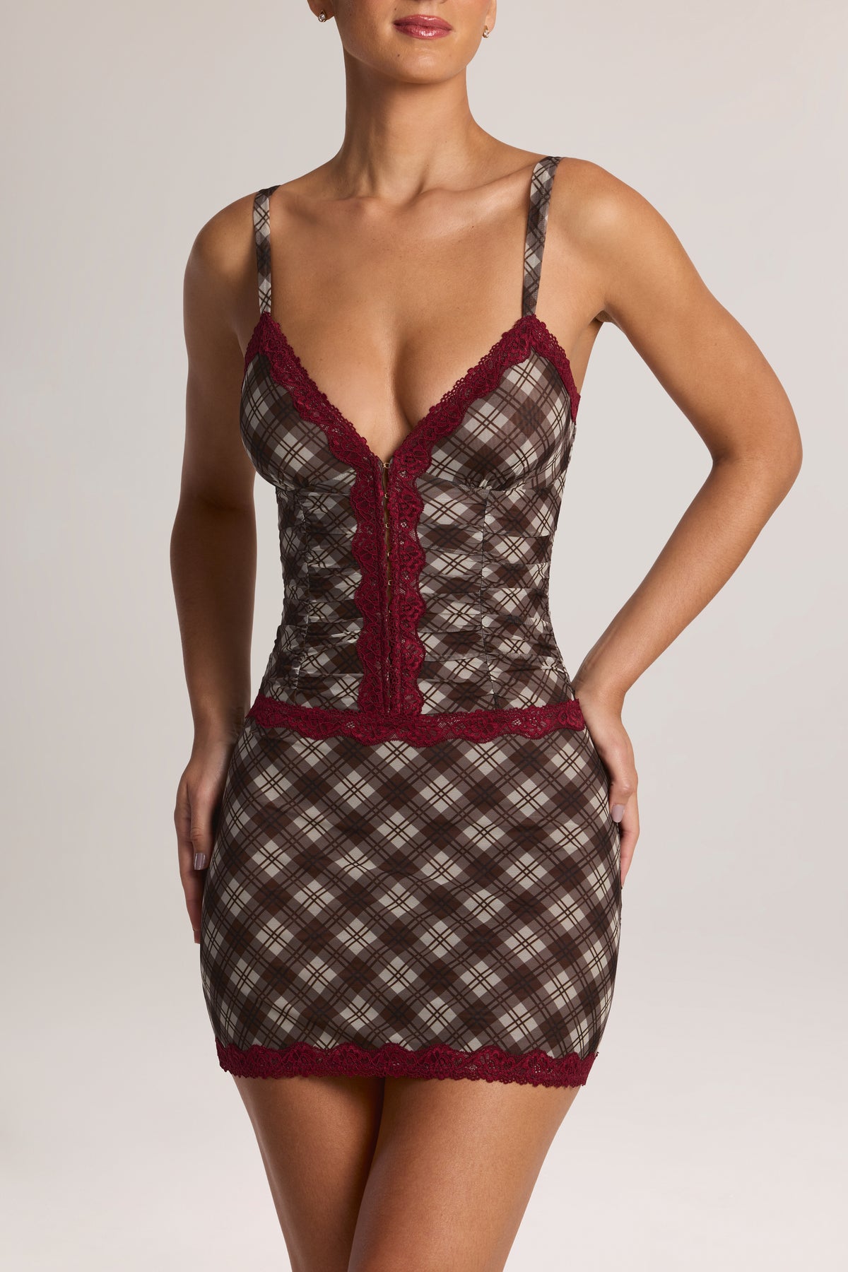 Lace-Trim Mini Dress in Diagonal Check Print