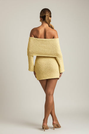 Bouclé Off-Shoulder Mini Dress in Yellow