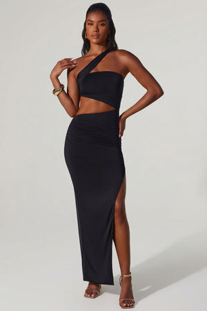 Suvi Asymmetric Neckline Ruched Cut Out Maxi Dress in Black | Oh Polly Suvi Asymmetric Neckline Ruched Cut Out Maxi Dress in Black | Oh Polly