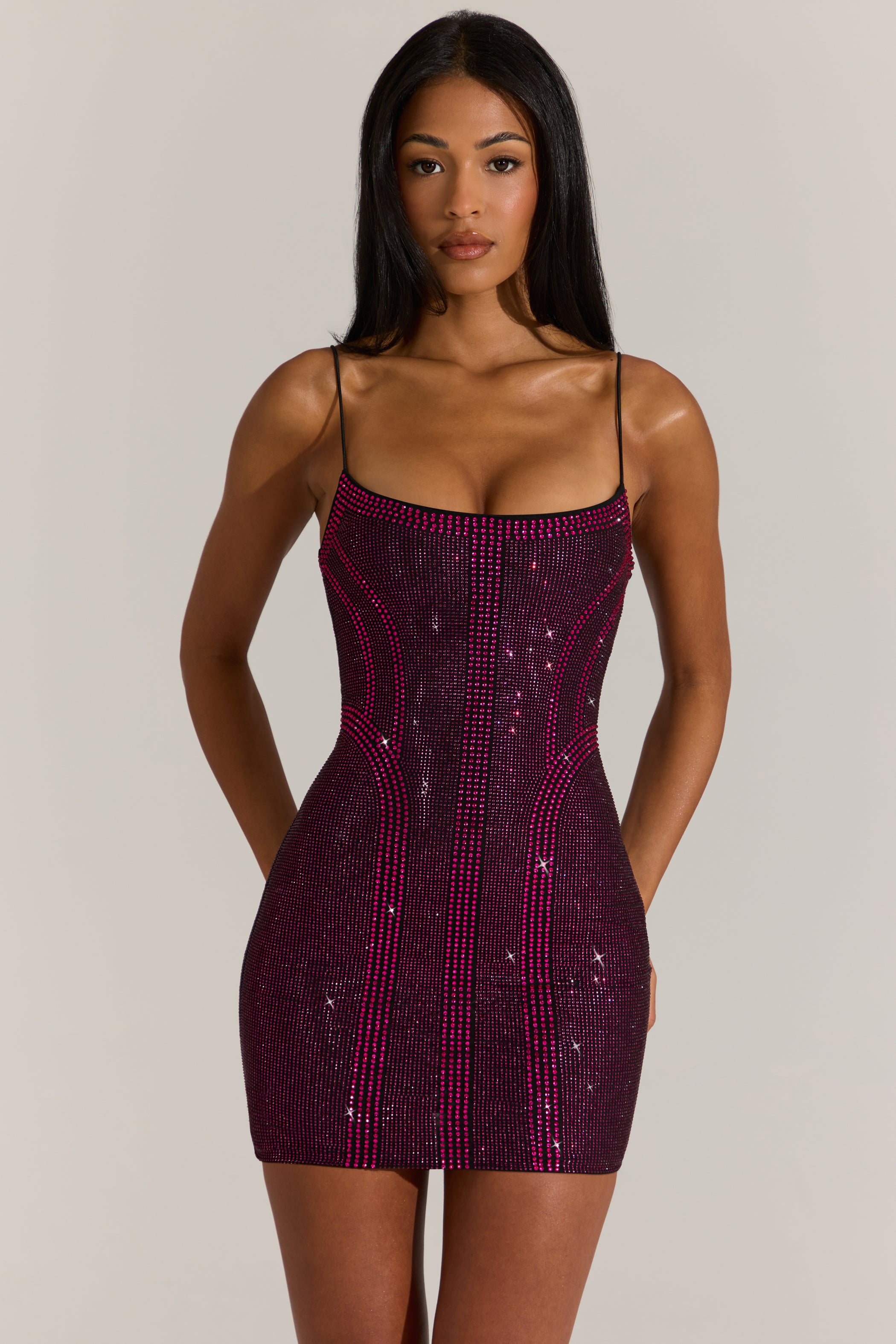 Embellished Scoop-Neck Mini Dress in Fuchsia Pink