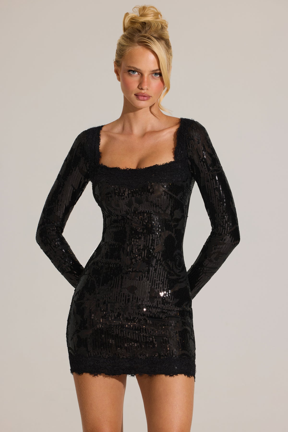 Embellished Lace-Trim Long-Sleeve Mini Dress in Black
