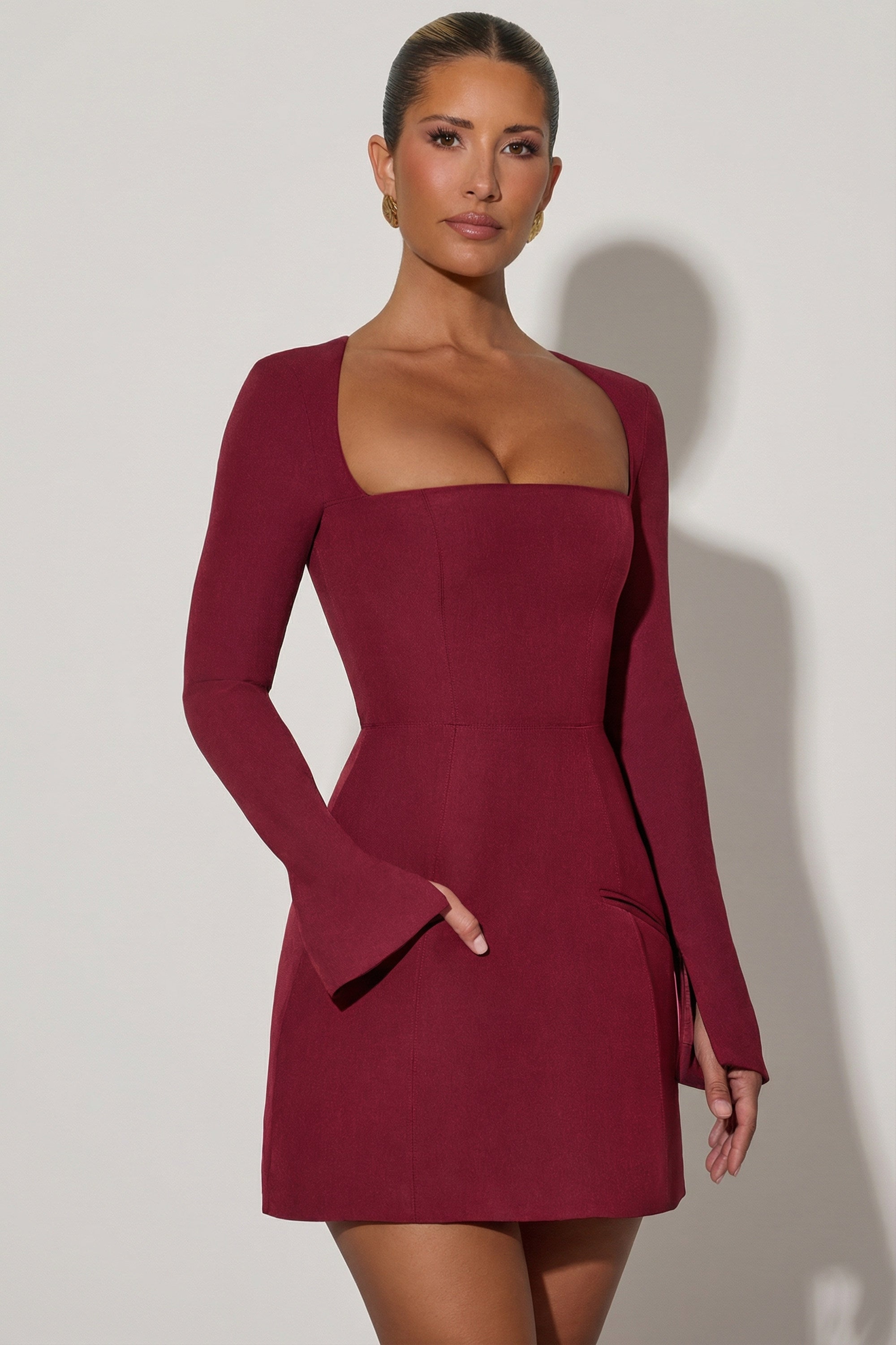 Taesha Square-Neck Structured Tulip Mini Dress in Wine Red | Oh