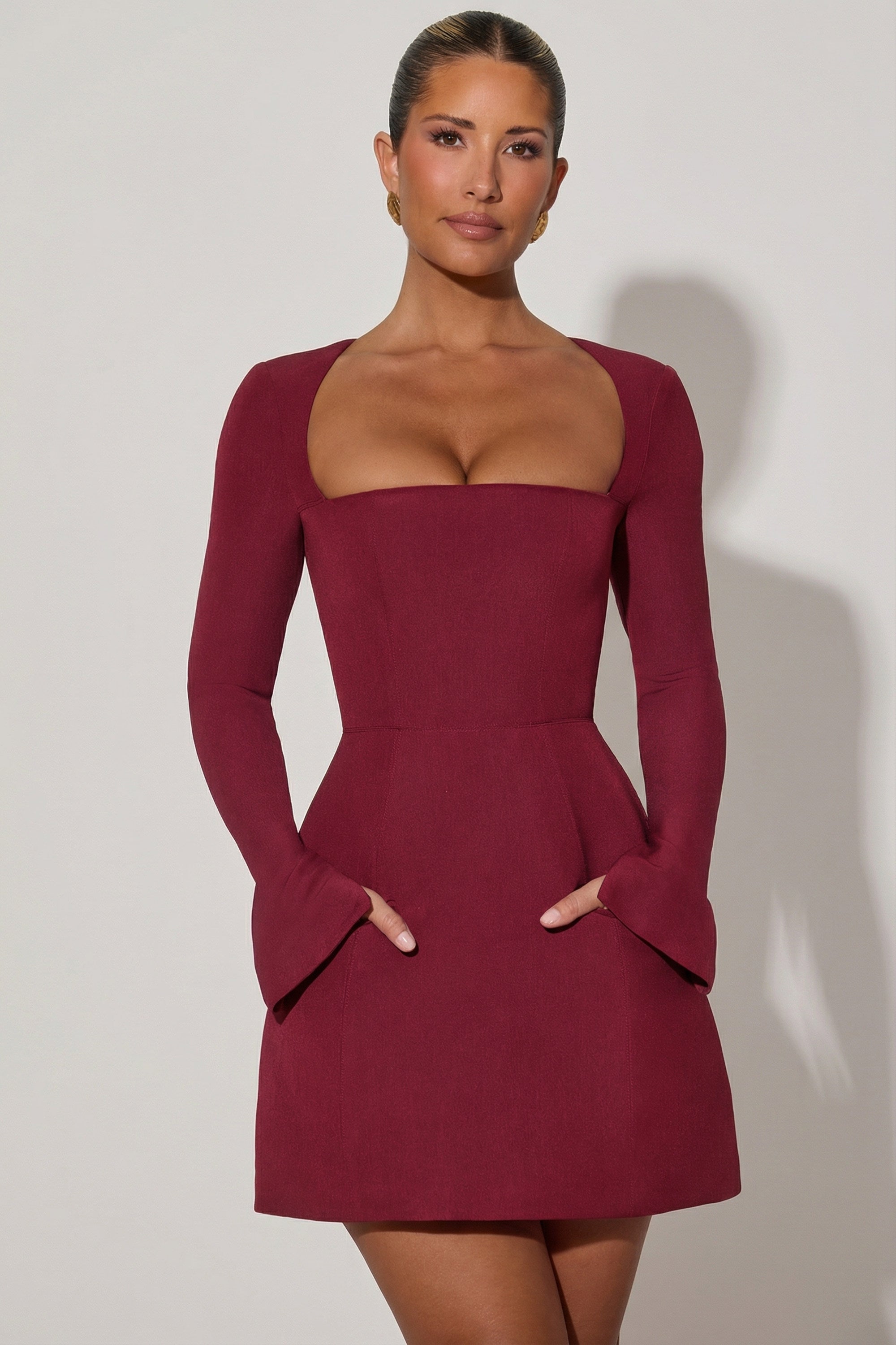 Taesha Square-Neck Structured Tulip Mini Dress in Wine Red | Oh