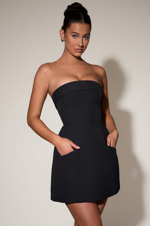 Foldover-Neck Strapless Structured A-Line Mini Dress in Black