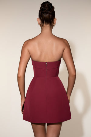 Foldover-Neck Strapless Structured A-Line Mini Dress in Wine Red
