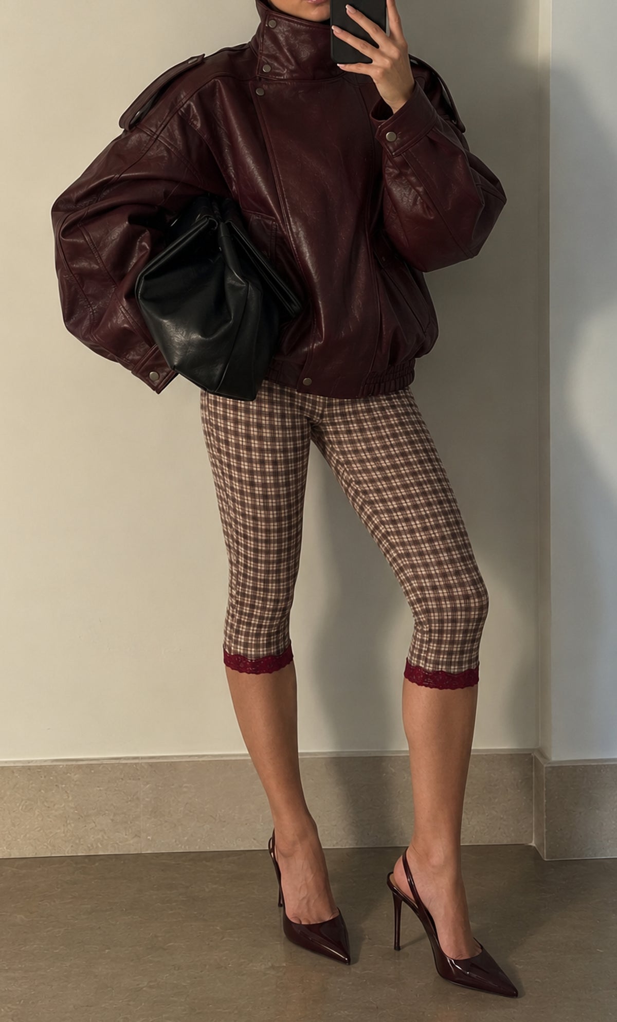 Modal Lace-Trim Capri Leggings in Square Check Print - 1
