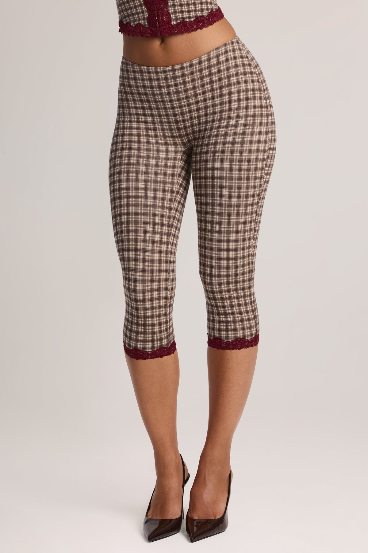 Modal Lace-Trim Capri Leggings in Square Check Print