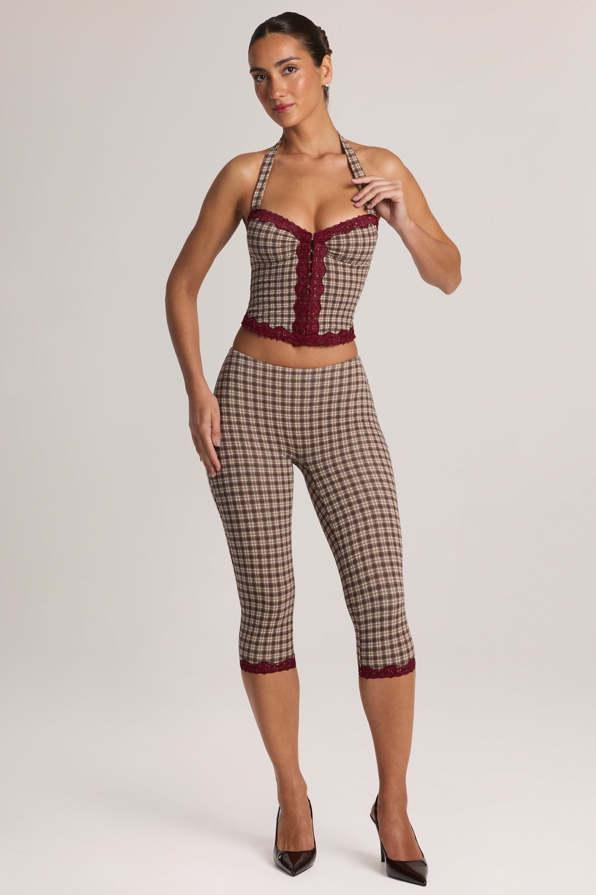 Modal Lace-Trim Capri Leggings in Square Check Print