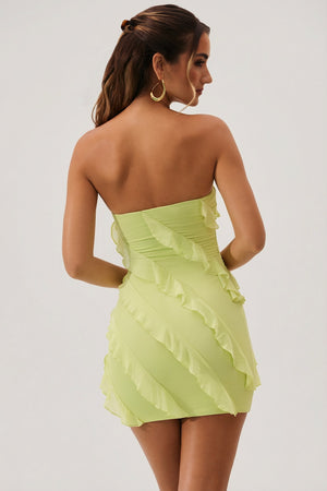 Oh Polly's Priscilla wearing the Tatiana Mini Dress in Lime Green Mesh fabric perfect for date night looks