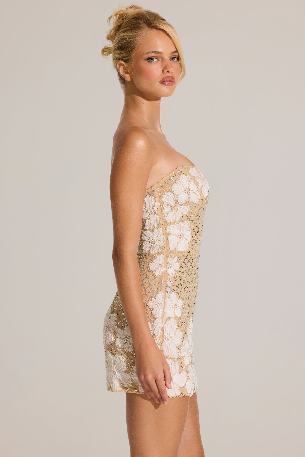 Embellished Bodycon Mini Dress in Gold