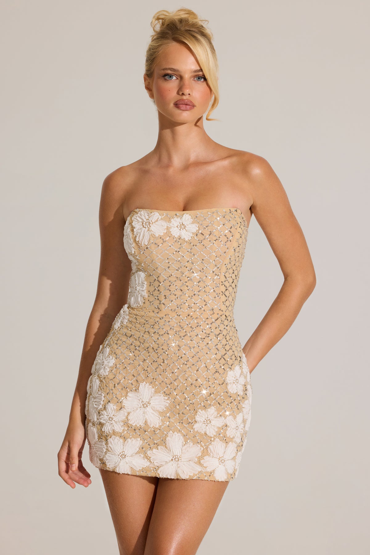 Embellished Bodycon Mini Dress in Gold