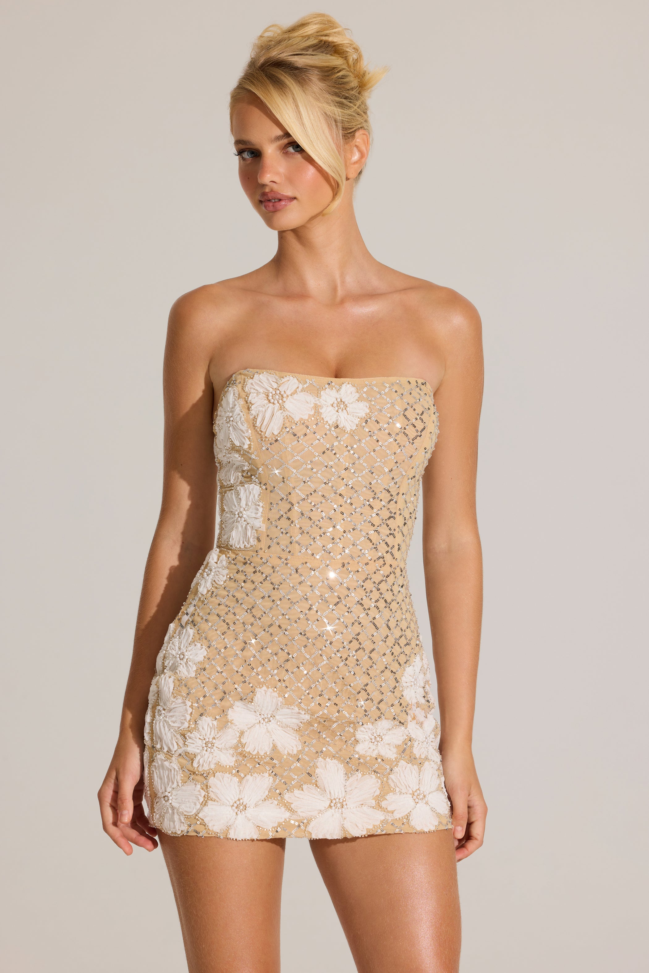 Embellished Bodycon Mini Dress in Gold