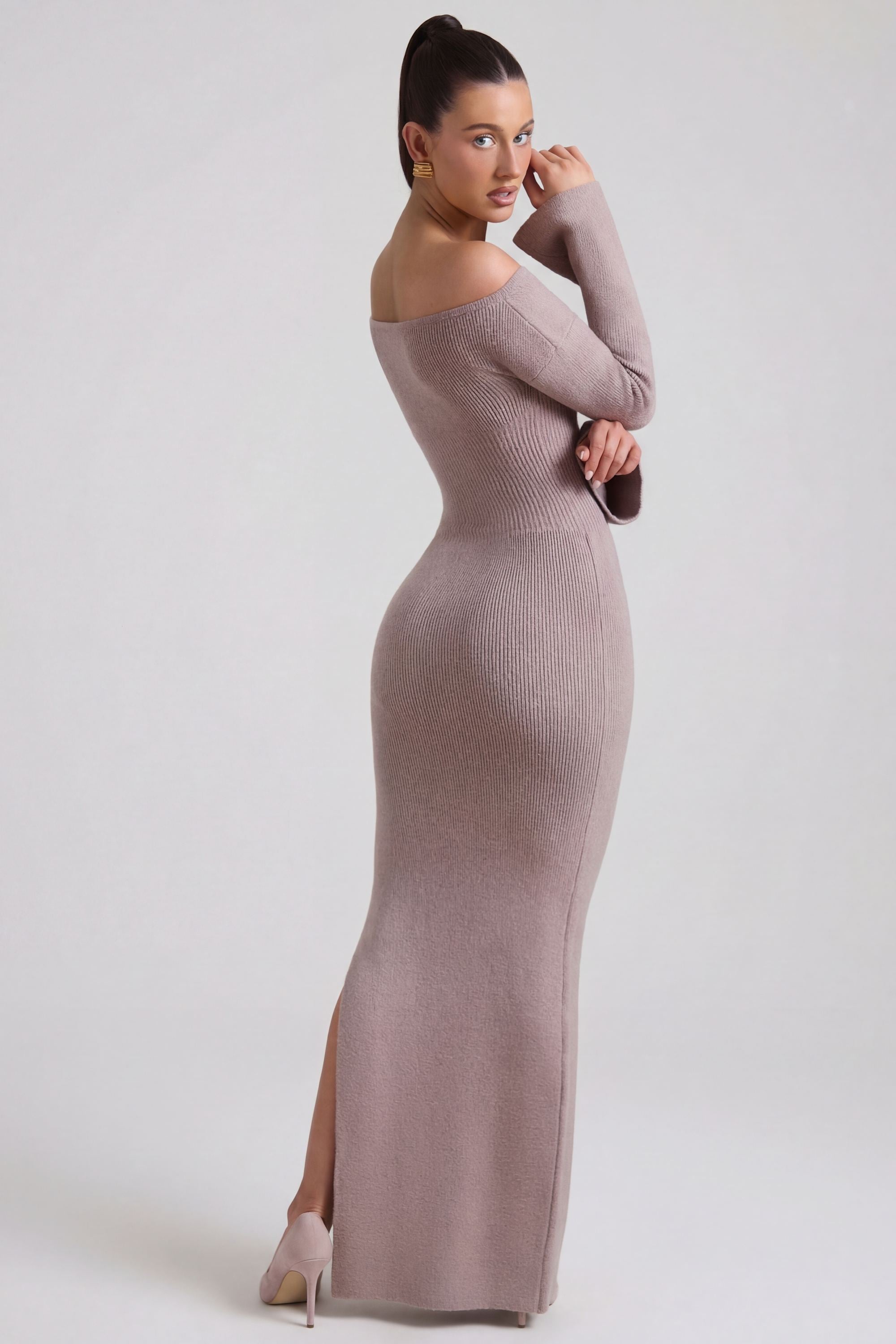 Terneigh Ribbed-Knit Off-Shoulder Maxi Dress in Taupe