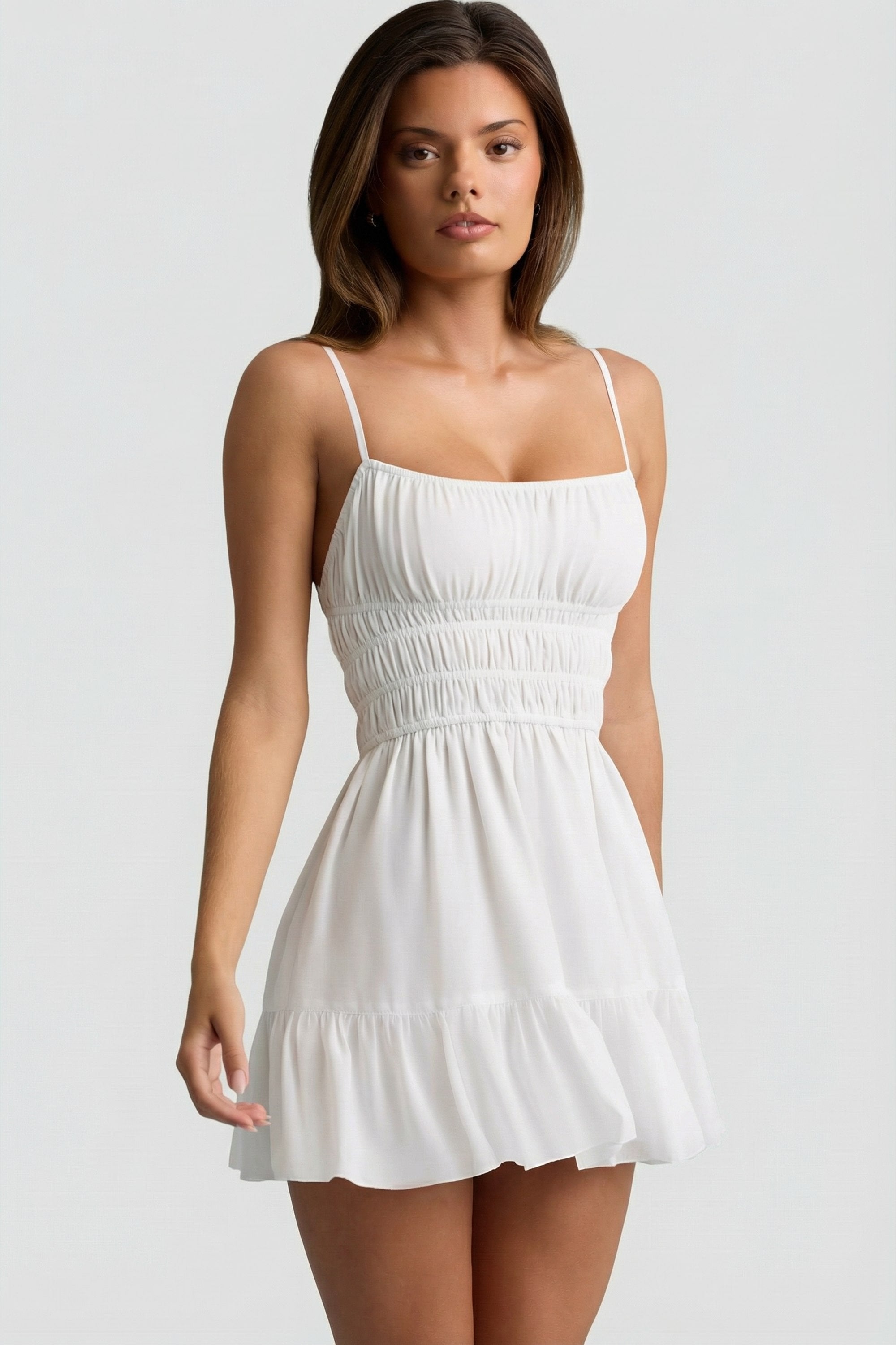 Tessara Shirred Camisole Mini Dress in White