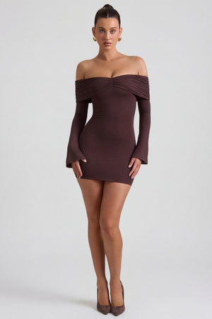Modal-Cashmere Blend Off-Shoulder Ruched Mini Dress in Espresso - L | Oh Polly Modal-Cashmere Blend Off-Shoulder Ruched Mini Dress in Espresso - L | Oh Polly