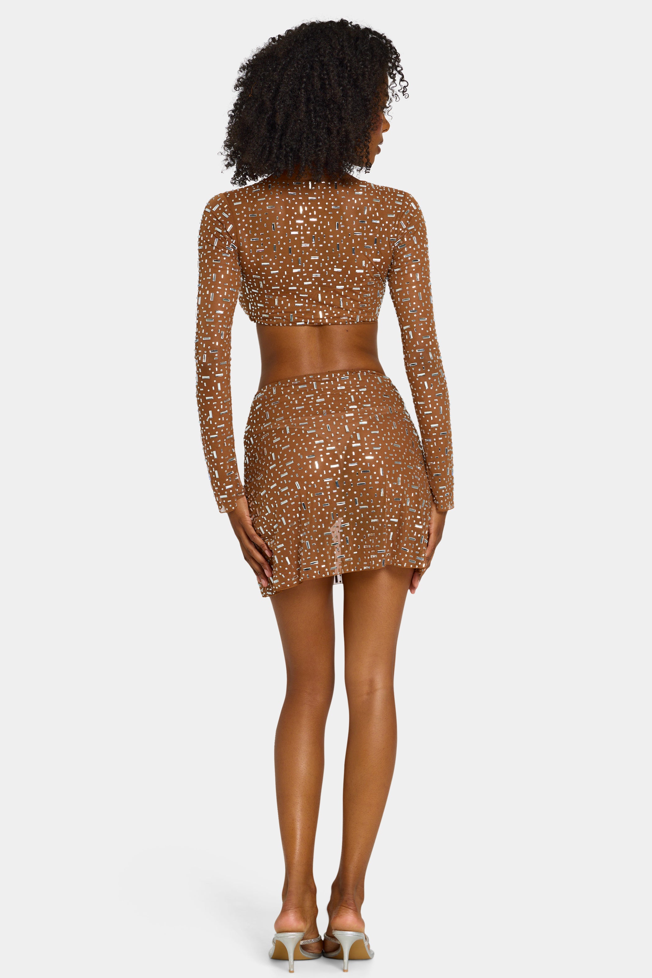 Sheer Embellished V Waist Mini Skirt in Mocha