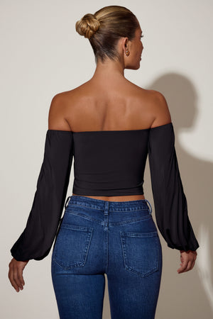 Off-Shoulder Draped Balloon-Sleeve Top in Black
