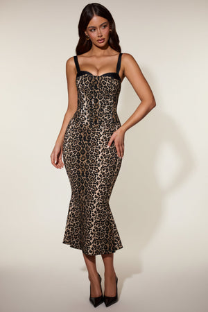 Layered Bra-Detail Fishtail Midaxi Dress in Leopard Print