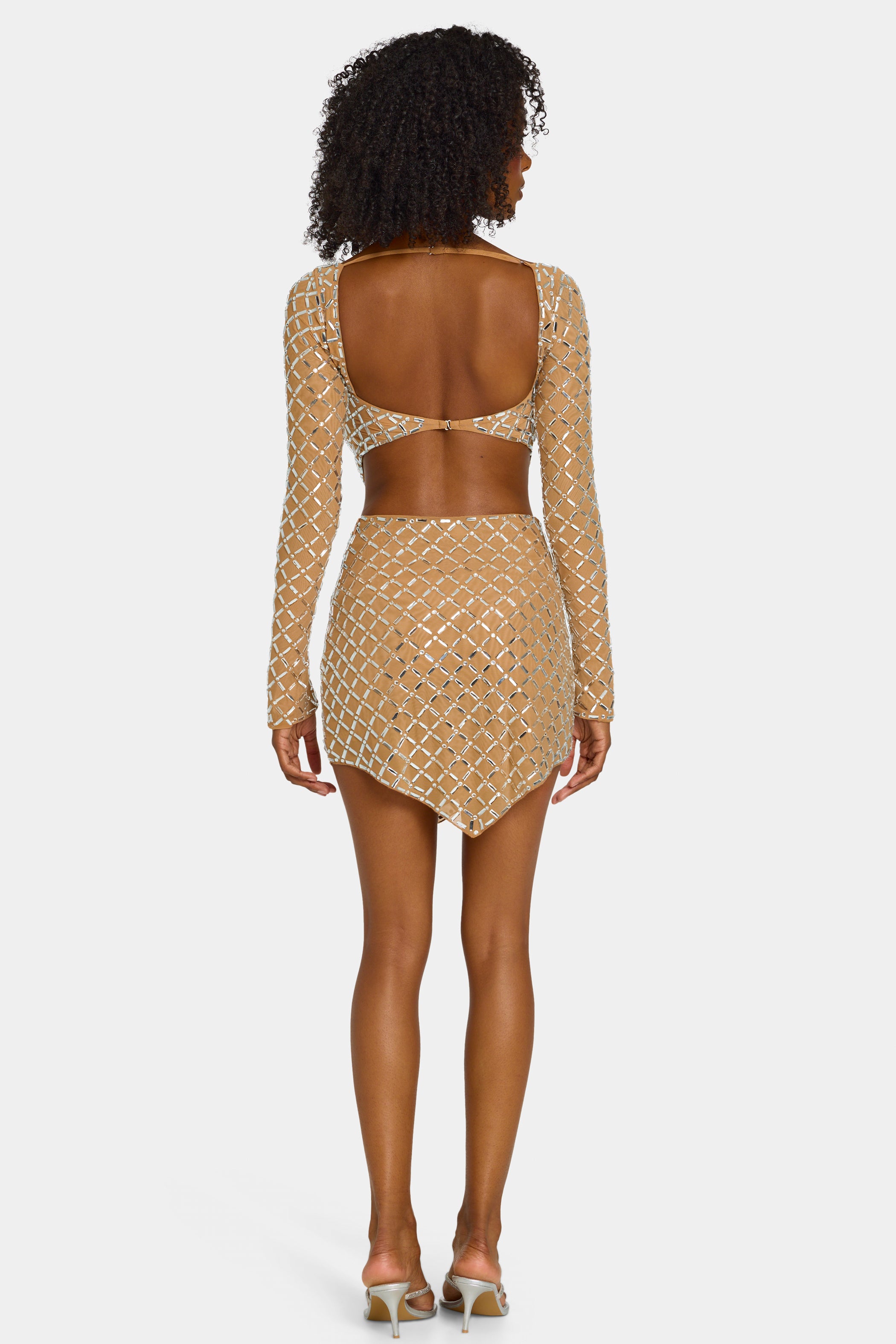 Embellished Asymmetric Mid-Rise Mini Skirt in Honey