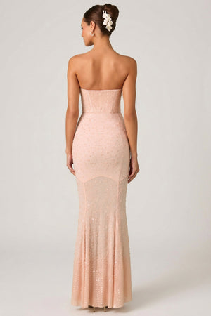 Oh Polly's Anna wearing the Vesna Gown Length Dress in Dusty Rose Embellished fabric perfect for weddings and receptions