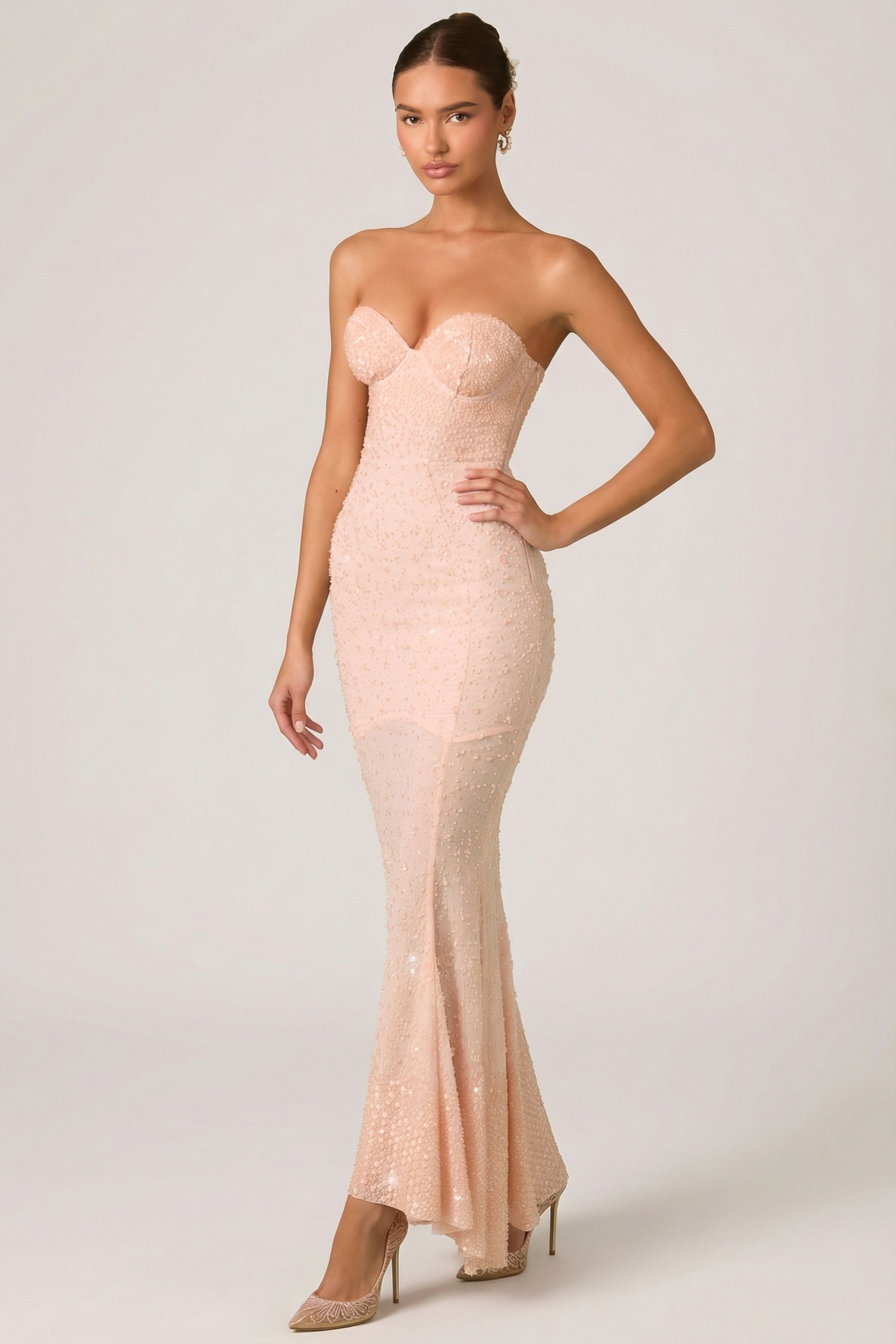 Embellished Sweetheart-Neck Fishtail Gown in Dusty Rose
