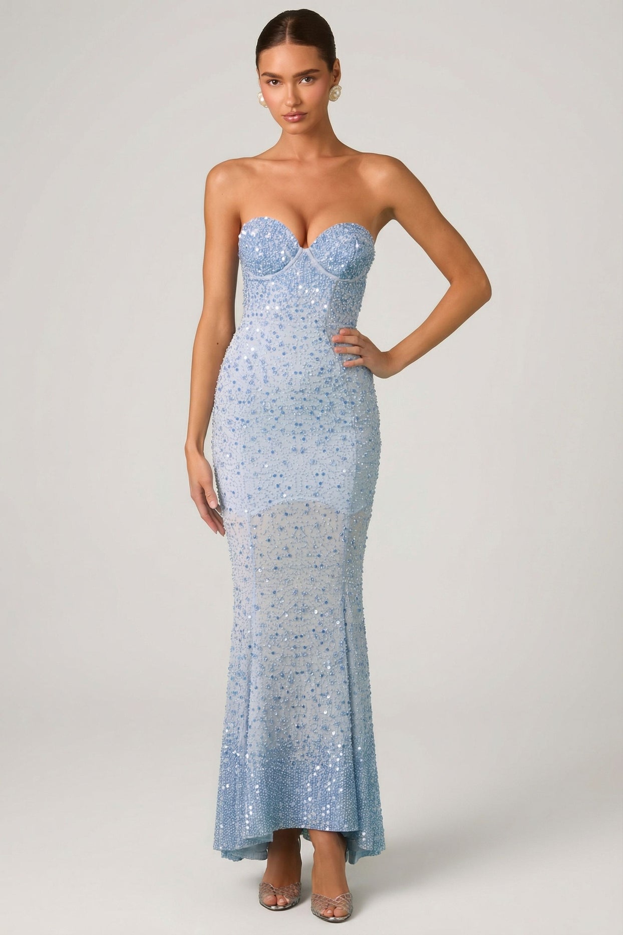 Embellished Sweetheart-Neck Fishtail Gown in Sky Blue - 7