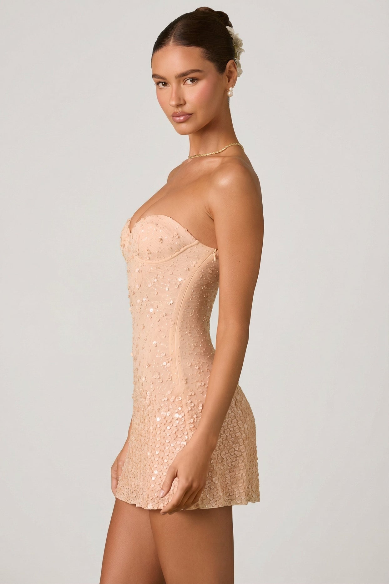 Embellished Sweetheart-Neck A-Line Mini Dress in Apricot - 5