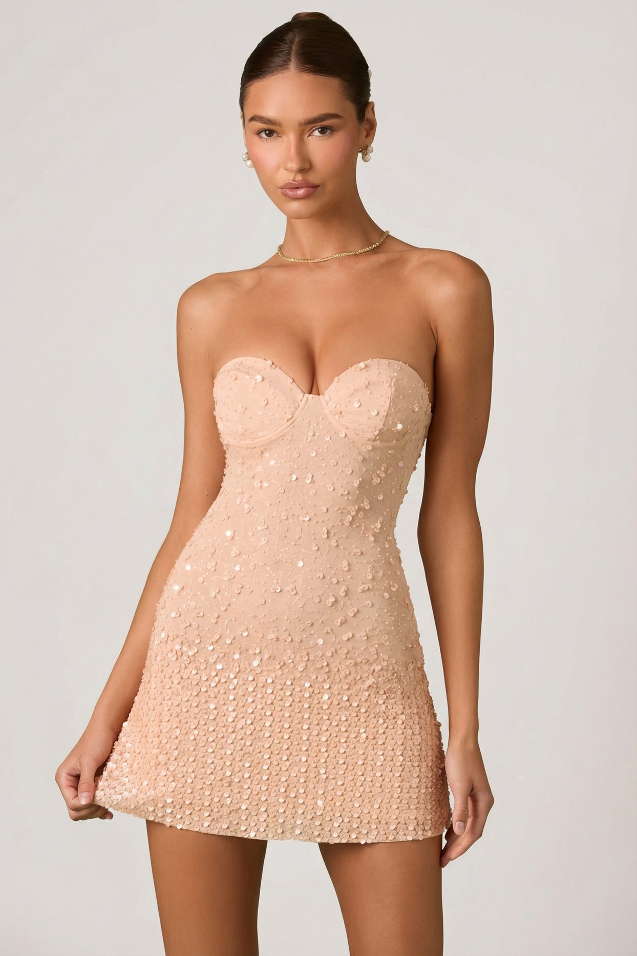 Embellished Sweetheart-Neck A-Line Mini Dress in Apricot - 6