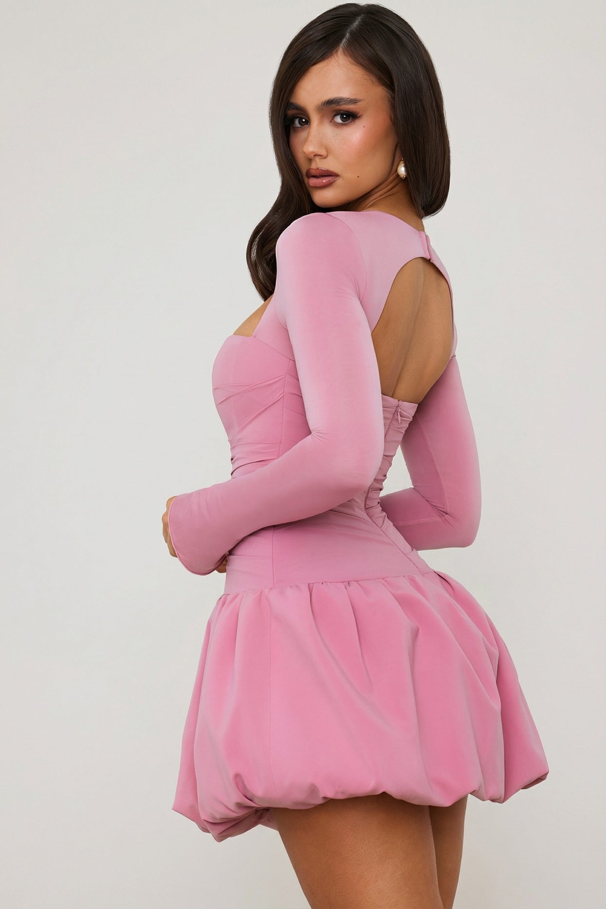 Long-Sleeve Bubble Hem Mini Dress in Mauve - 7