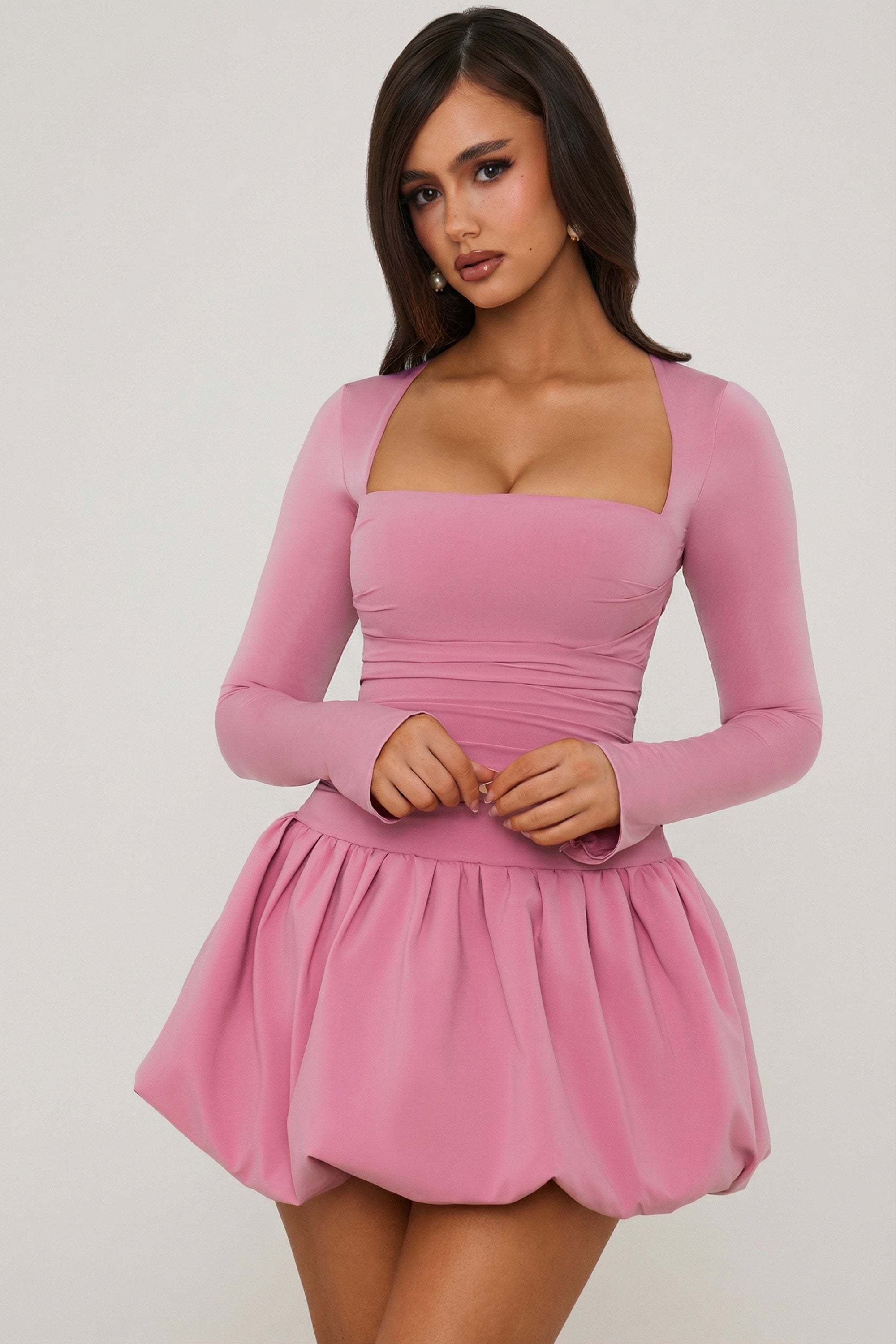 mauve dress long sleeve PrettyLittleThing Women's Puff Maxi in shaping attention around the middle Azazie Norah