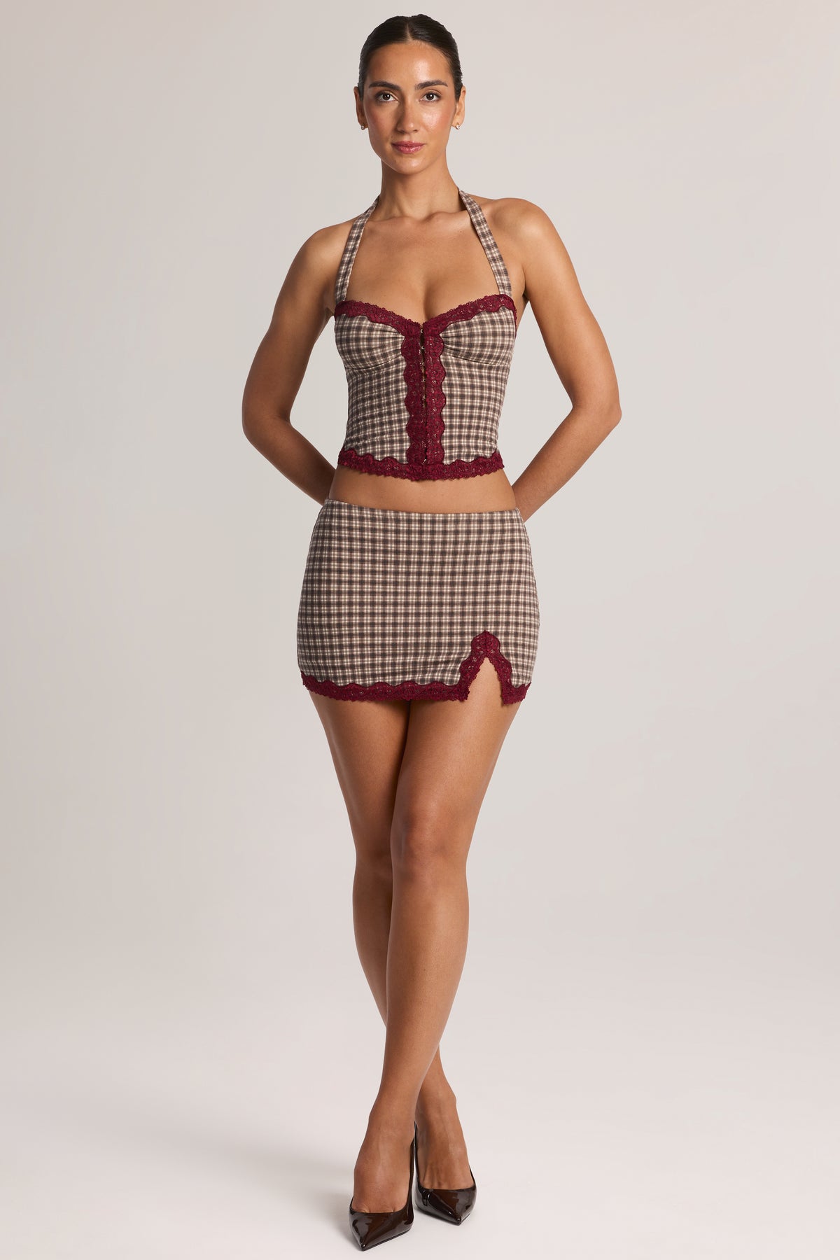 Modal Lace-Trim Low-Rise Mini Skirt in Square Check Print