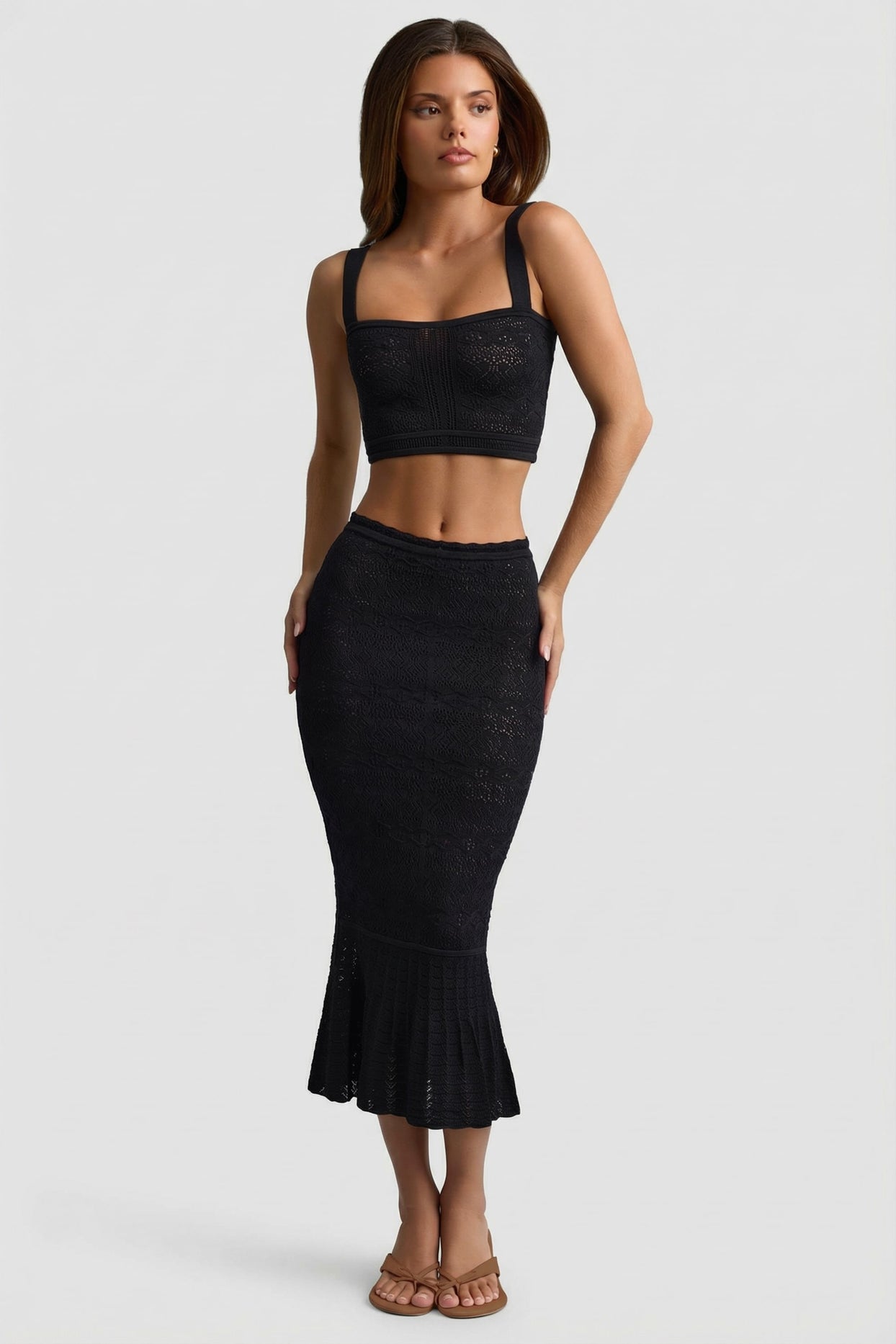 Ruffle-Trim Pointelle-Knit Midaxi Skirt in Black - 5