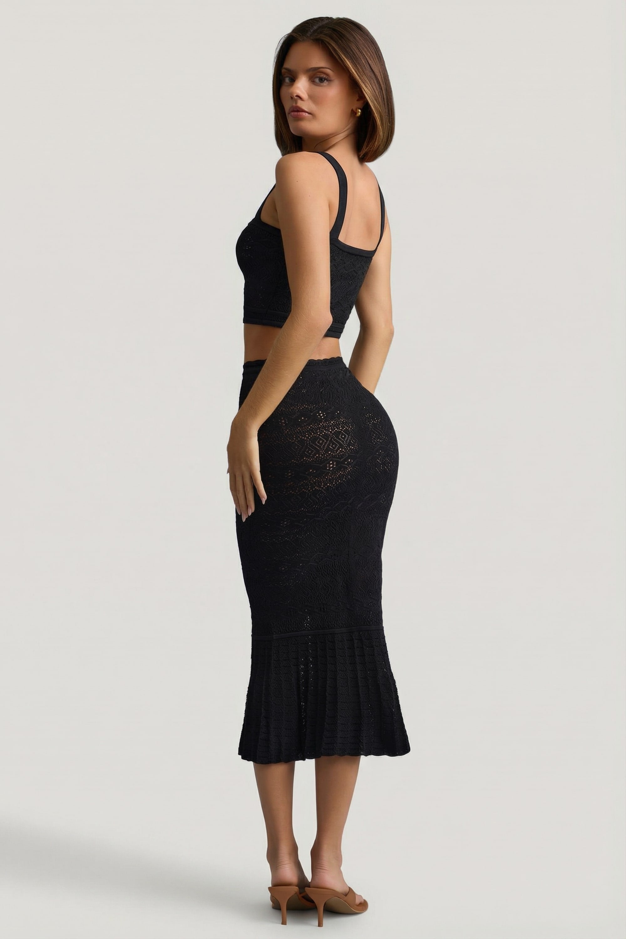 Yasira Ruffle-Trim Pointelle-Knit Midaxi Skirt in Black | Oh Polly