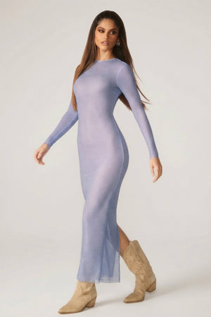 Oh Polly's Lini wearing the Yasmin Maxi Dress in Blue Rhinestone fabric perfect for a glamorous evening out