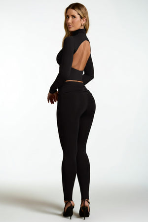 Modal Ruched Mid-Rise Leggings in Black