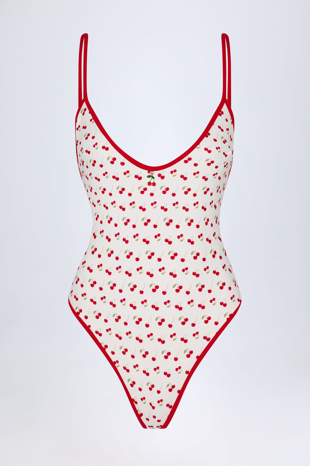 Charm-Detail Cross-Back Swimsuit in Cherry Print