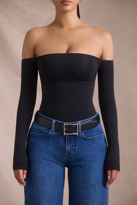 Seamless Off-Shoulder Long-Sleeve Bodysuit in Black