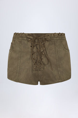 Lace-Up Mid-Rise Shorts in Dark Khaki