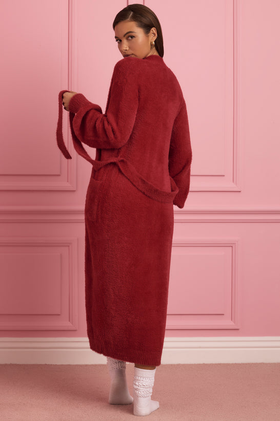 Fluffy Knit Longline Cardigan in Ruby Red