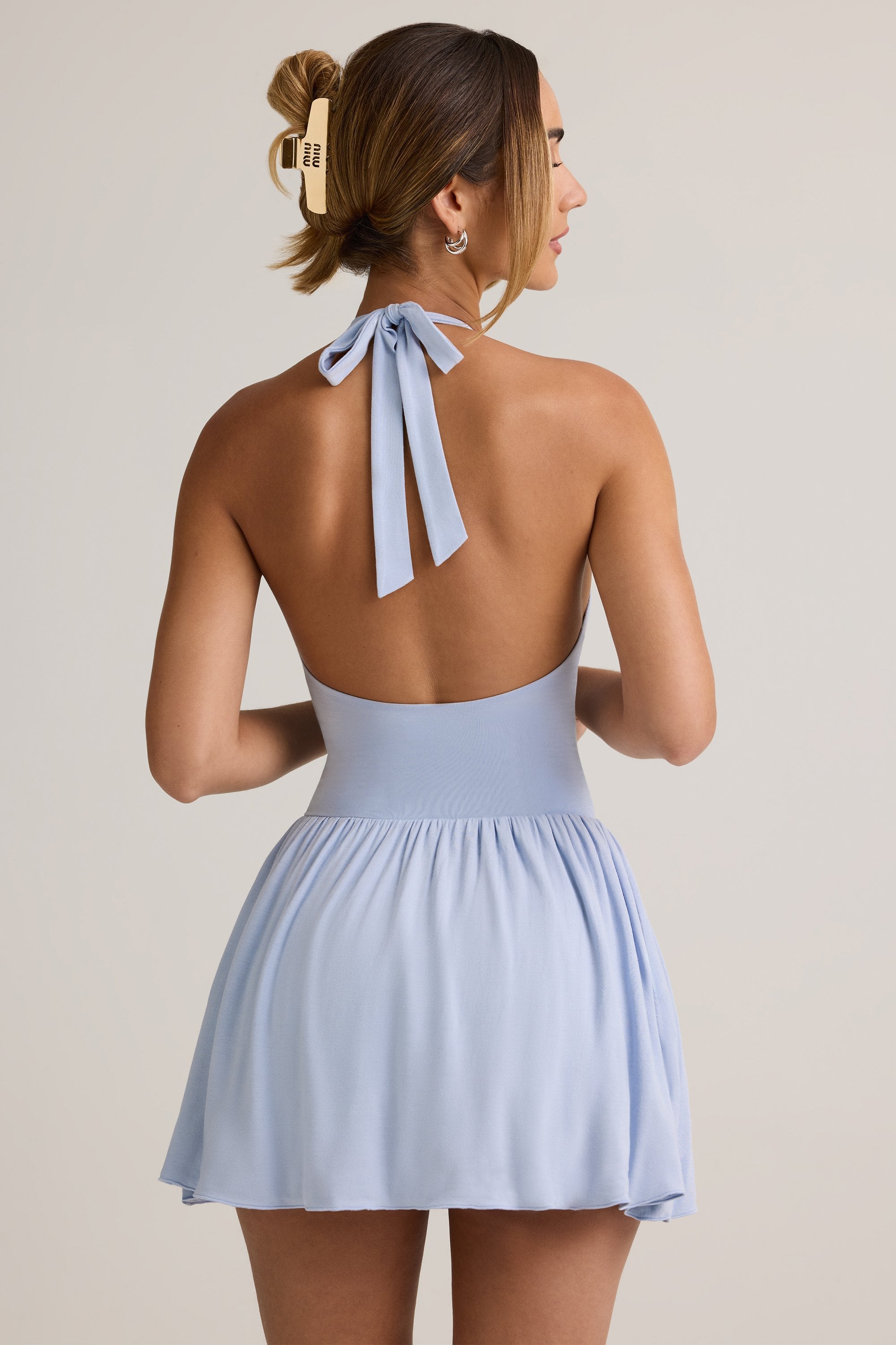 Reanna Modal Backless Halterneck Mini Dress in Light Blue