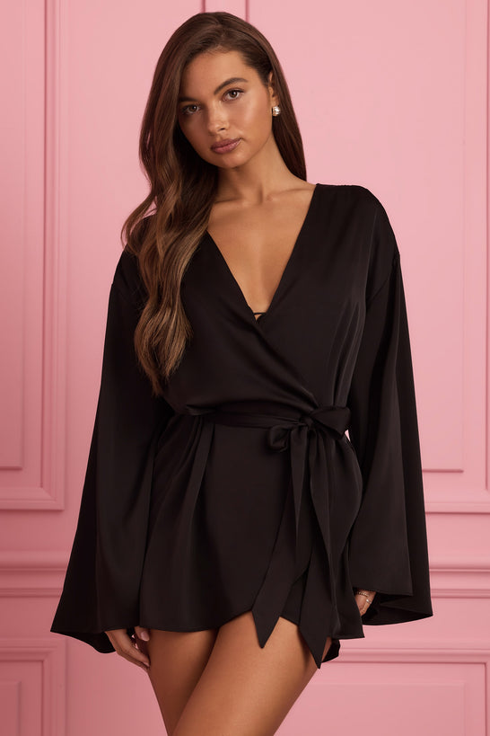 Embellished Wrap-Over Robe in Black