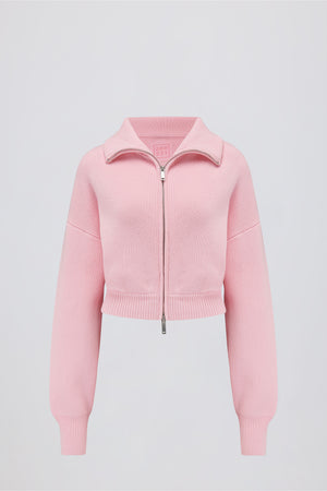 Ribbed Knit Zip-Up Cropped Sweatshirt in Pale Pink