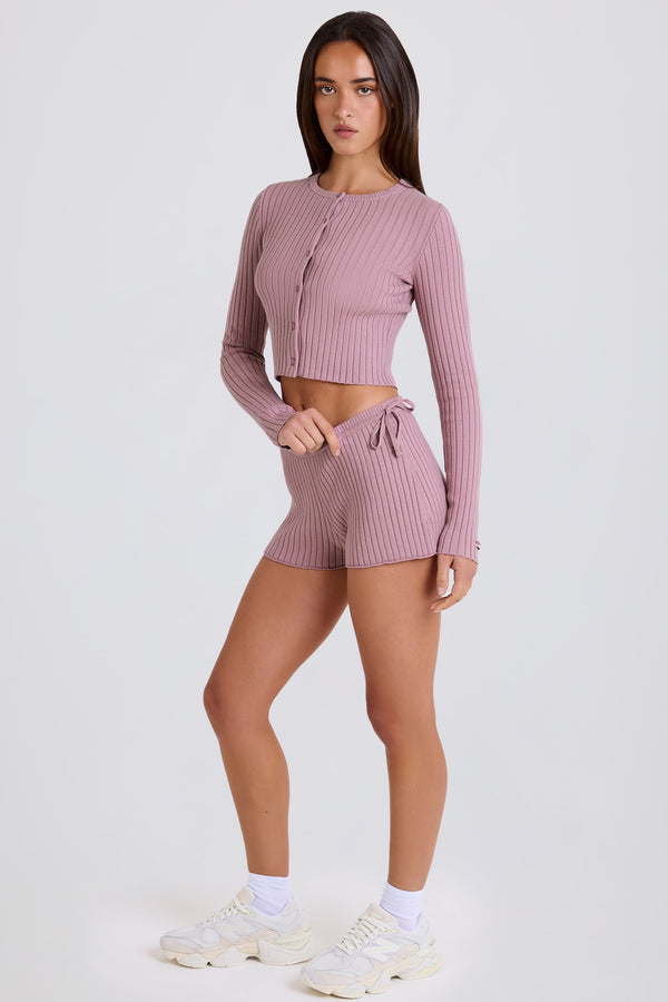 Ribbed Knit Tie Mini Shorts in Mauve - 1