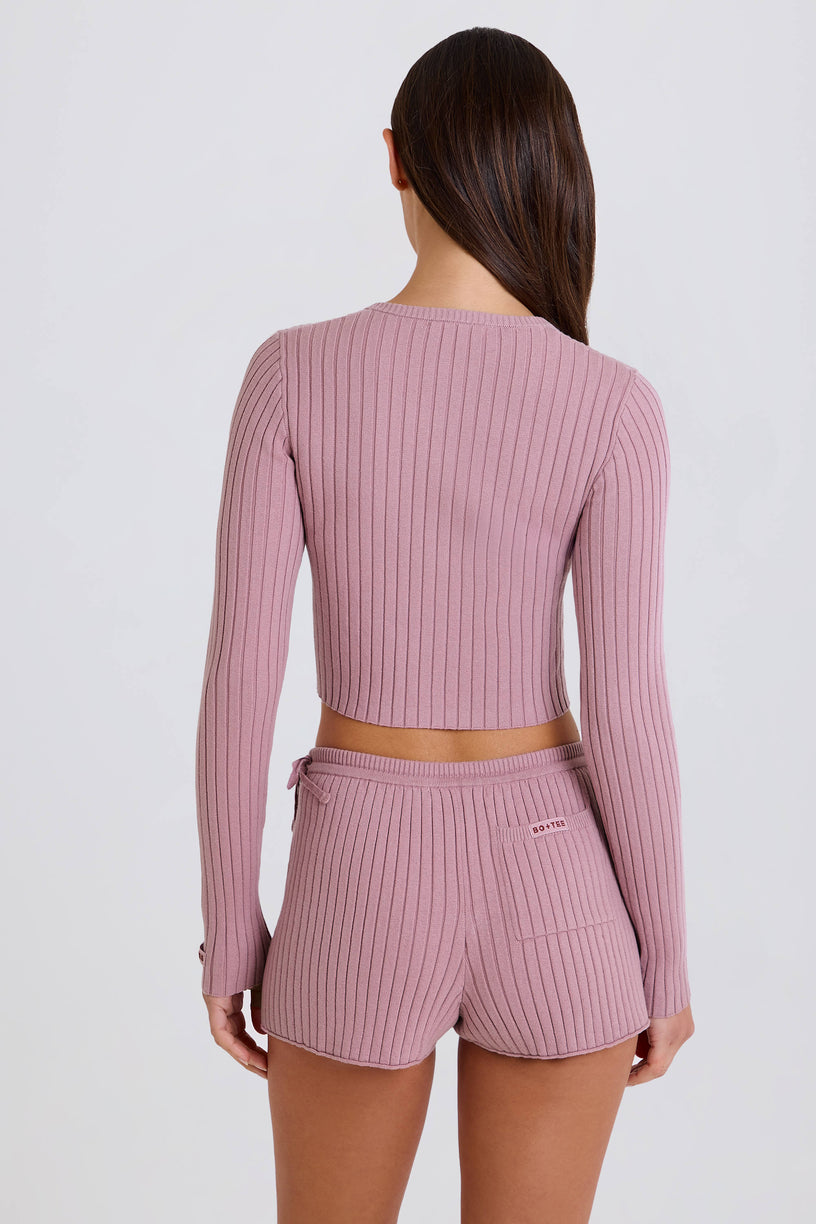 Ribbed Knit Tie Mini Shorts in Mauve - 2